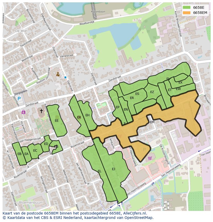 Afbeelding van het postcodegebied 6658 EM op de kaart.