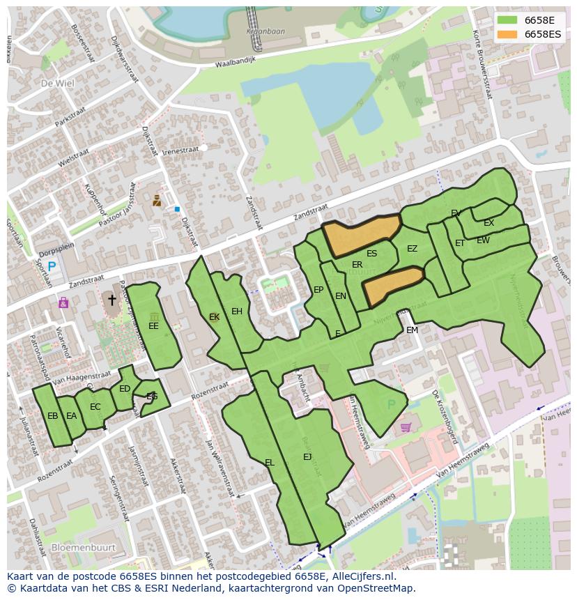 Afbeelding van het postcodegebied 6658 ES op de kaart.