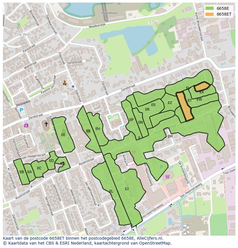 Afbeelding van het postcodegebied 6658 ET op de kaart.