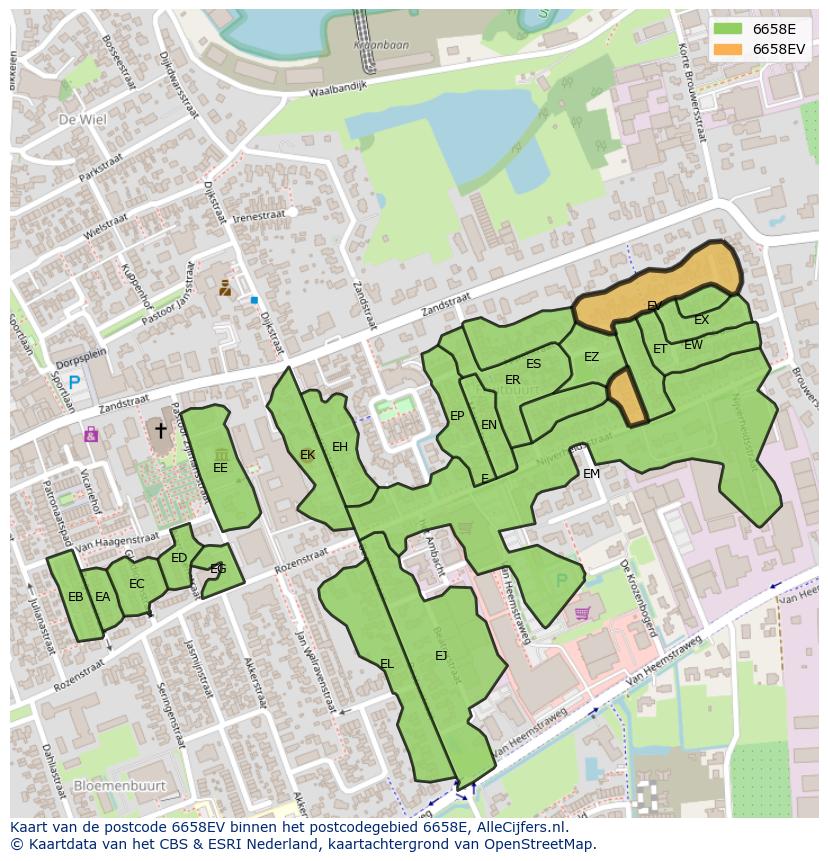Afbeelding van het postcodegebied 6658 EV op de kaart.