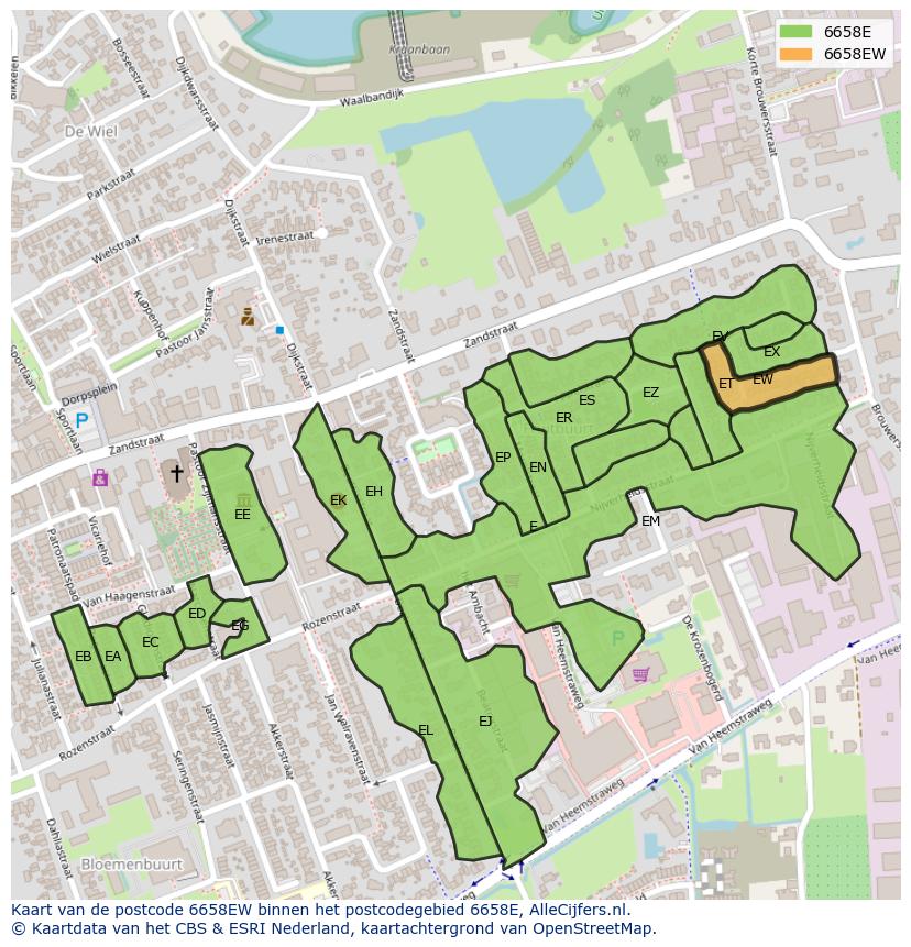 Afbeelding van het postcodegebied 6658 EW op de kaart.