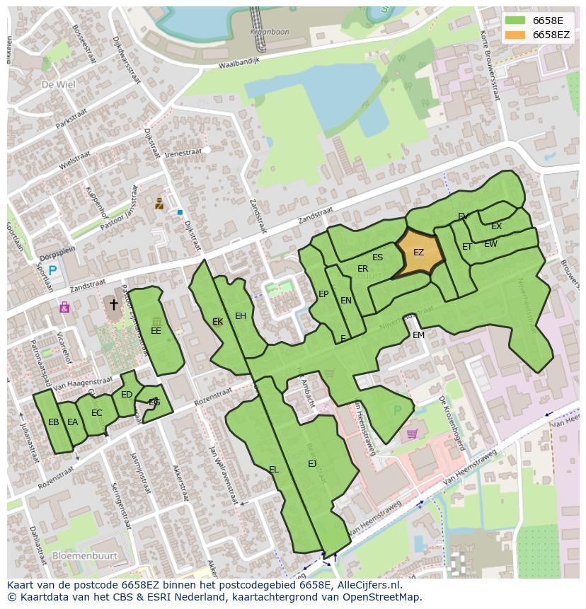 Afbeelding van het postcodegebied 6658 EZ op de kaart.