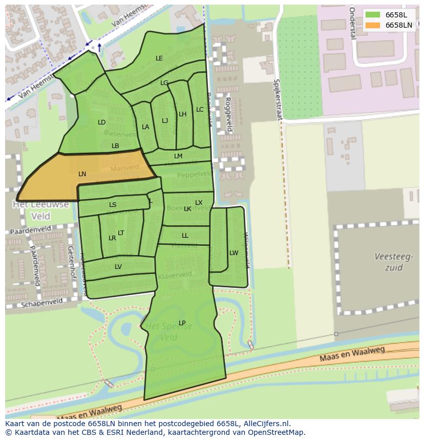Afbeelding van het postcodegebied 6658 LN op de kaart.