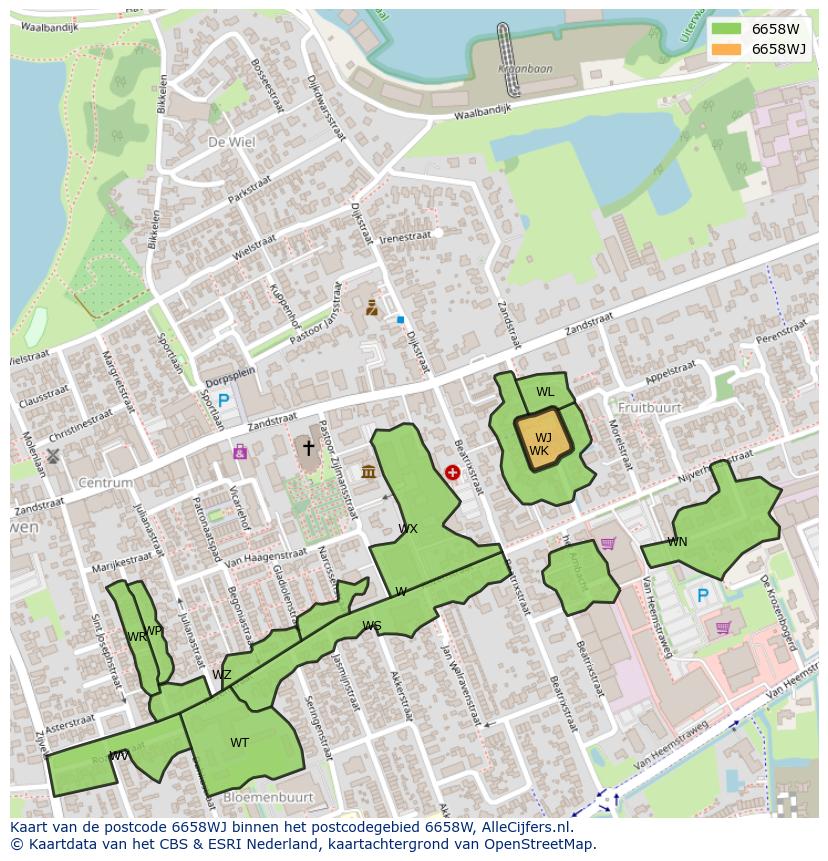 Afbeelding van het postcodegebied 6658 WJ op de kaart.