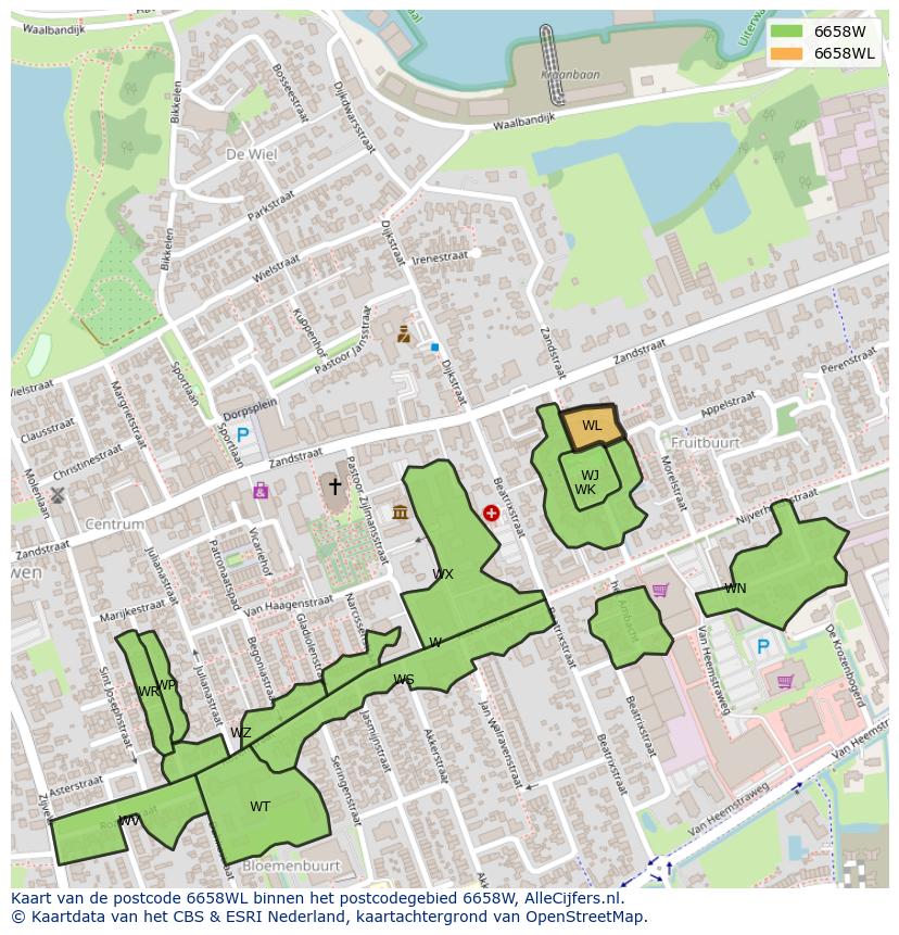 Afbeelding van het postcodegebied 6658 WL op de kaart.