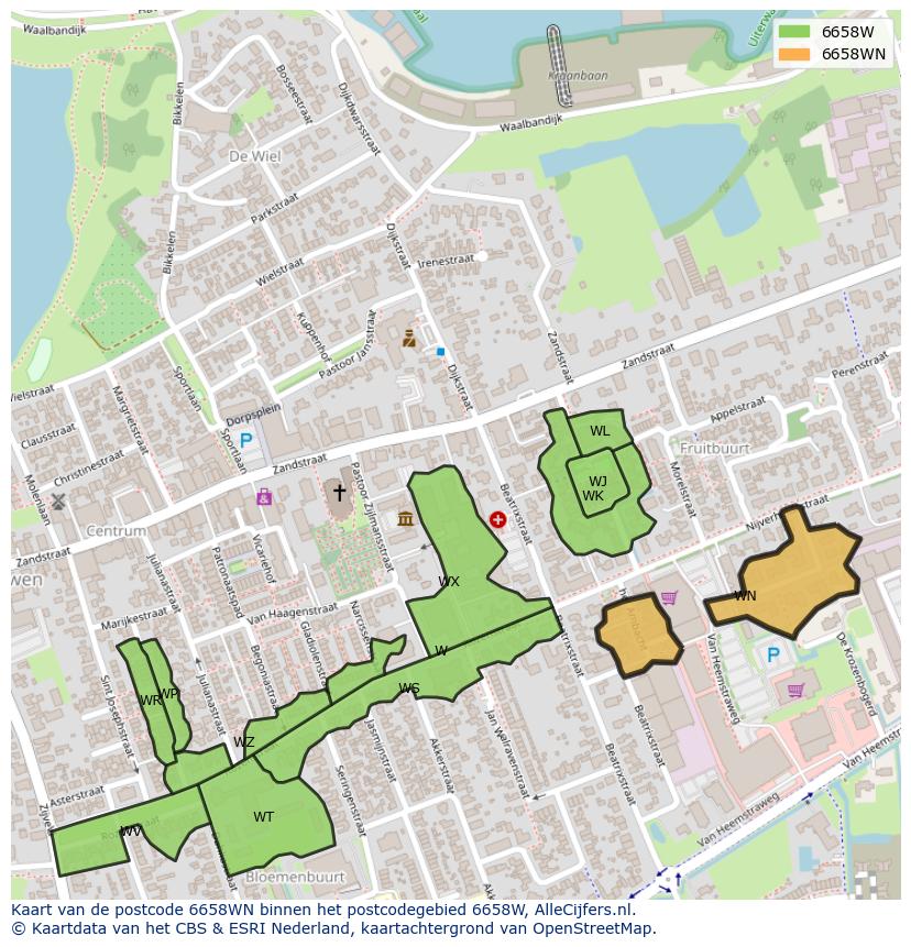 Afbeelding van het postcodegebied 6658 WN op de kaart.