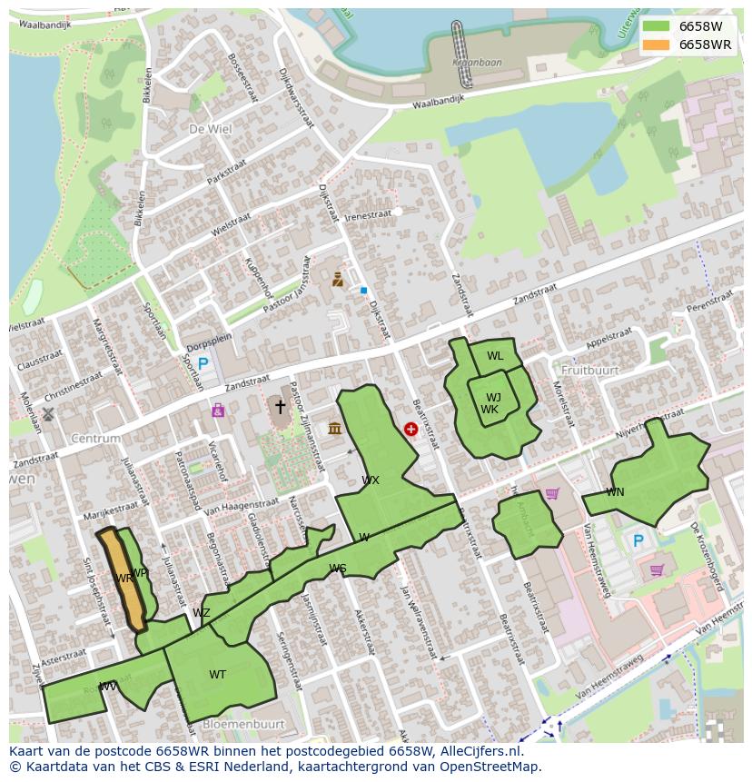 Afbeelding van het postcodegebied 6658 WR op de kaart.