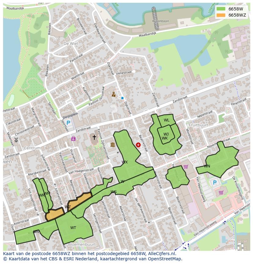 Afbeelding van het postcodegebied 6658 WZ op de kaart.