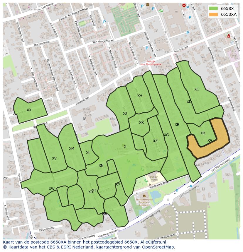Afbeelding van het postcodegebied 6658 XA op de kaart.