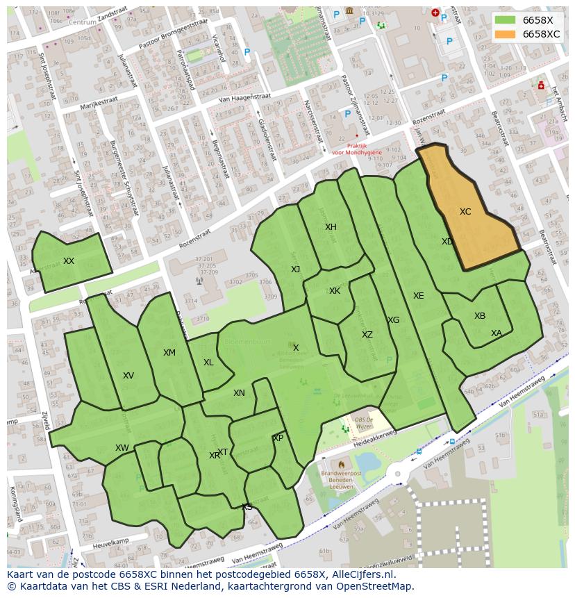Afbeelding van het postcodegebied 6658 XC op de kaart.