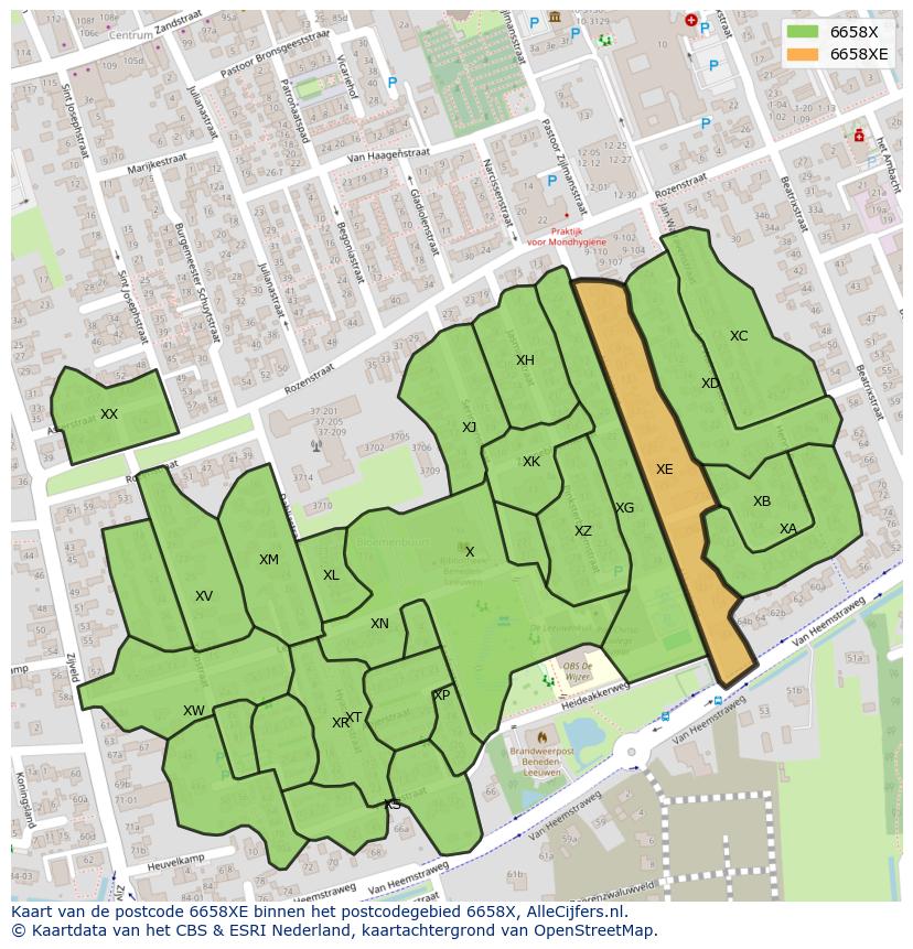 Afbeelding van het postcodegebied 6658 XE op de kaart.