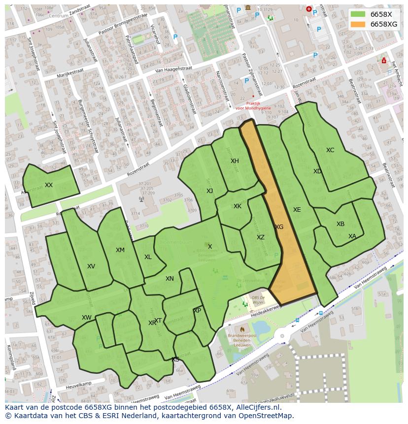 Afbeelding van het postcodegebied 6658 XG op de kaart.