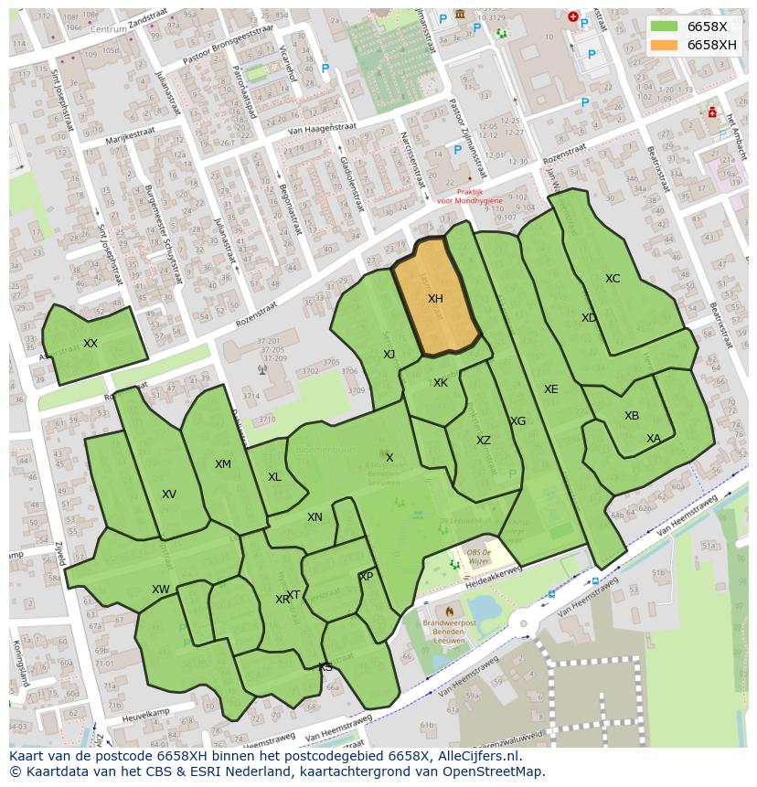 Afbeelding van het postcodegebied 6658 XH op de kaart.
