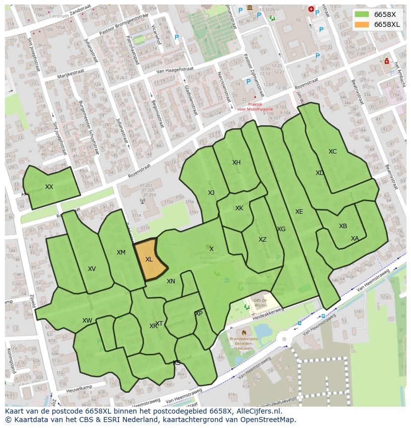 Afbeelding van het postcodegebied 6658 XL op de kaart.