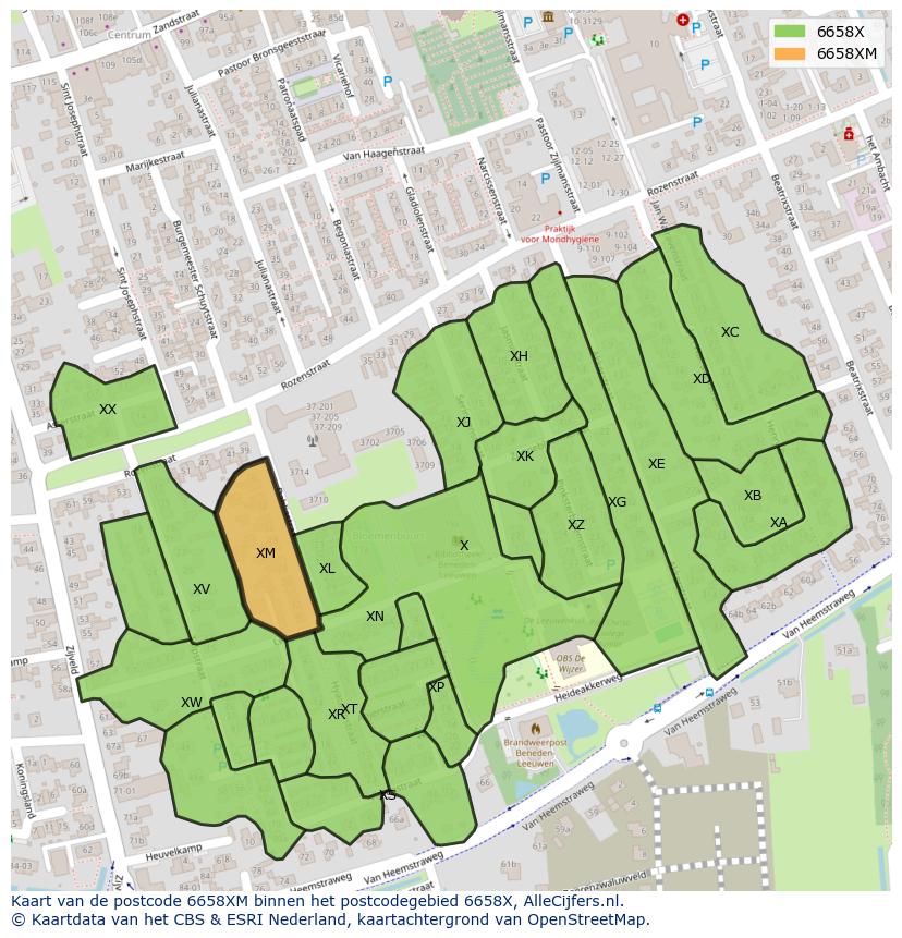 Afbeelding van het postcodegebied 6658 XM op de kaart.