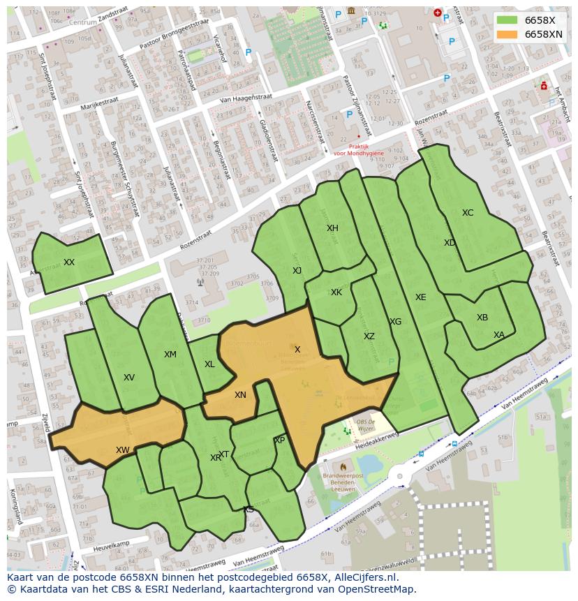 Afbeelding van het postcodegebied 6658 XN op de kaart.