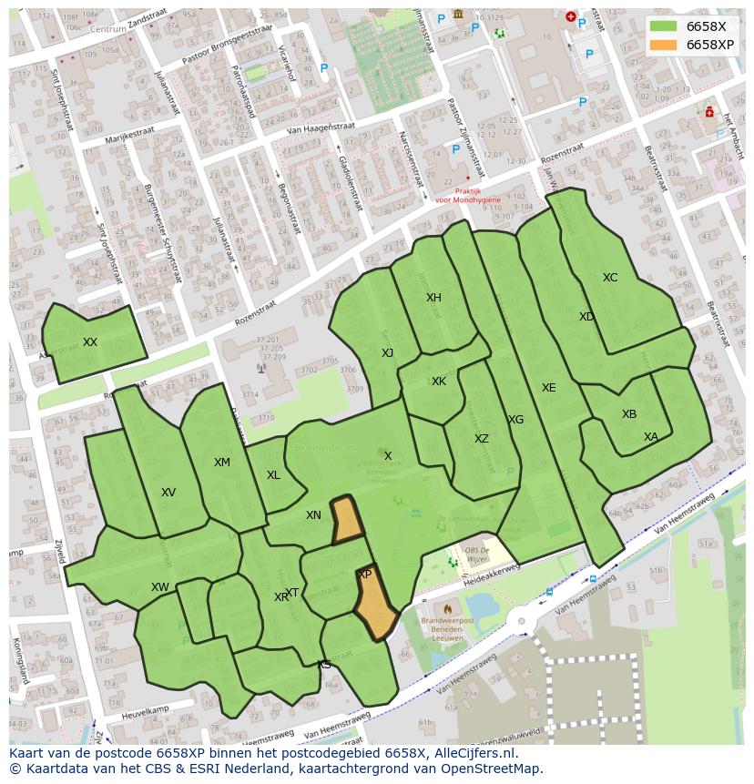 Afbeelding van het postcodegebied 6658 XP op de kaart.