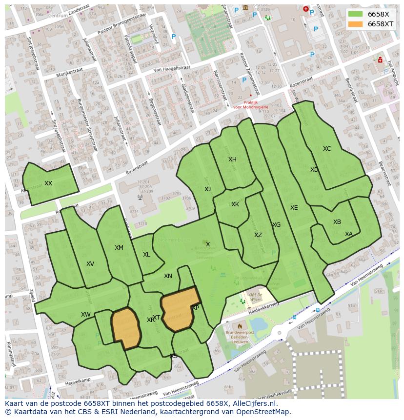 Afbeelding van het postcodegebied 6658 XT op de kaart.