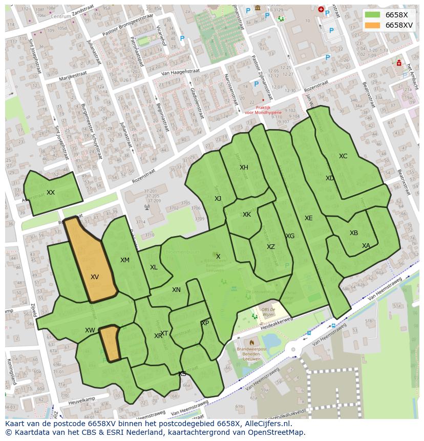 Afbeelding van het postcodegebied 6658 XV op de kaart.
