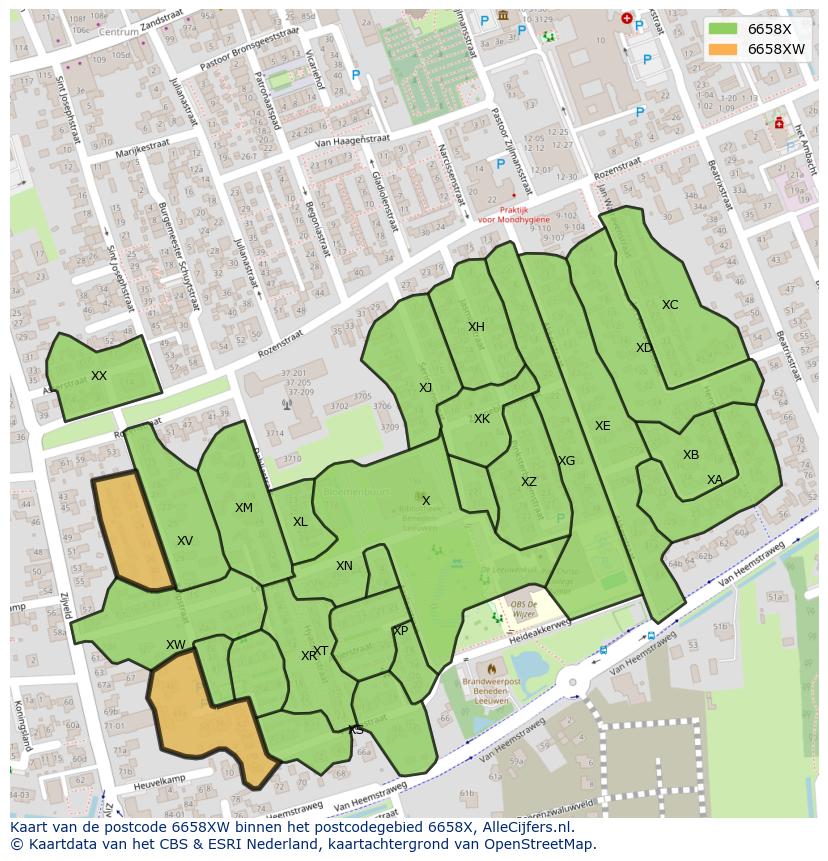 Afbeelding van het postcodegebied 6658 XW op de kaart.