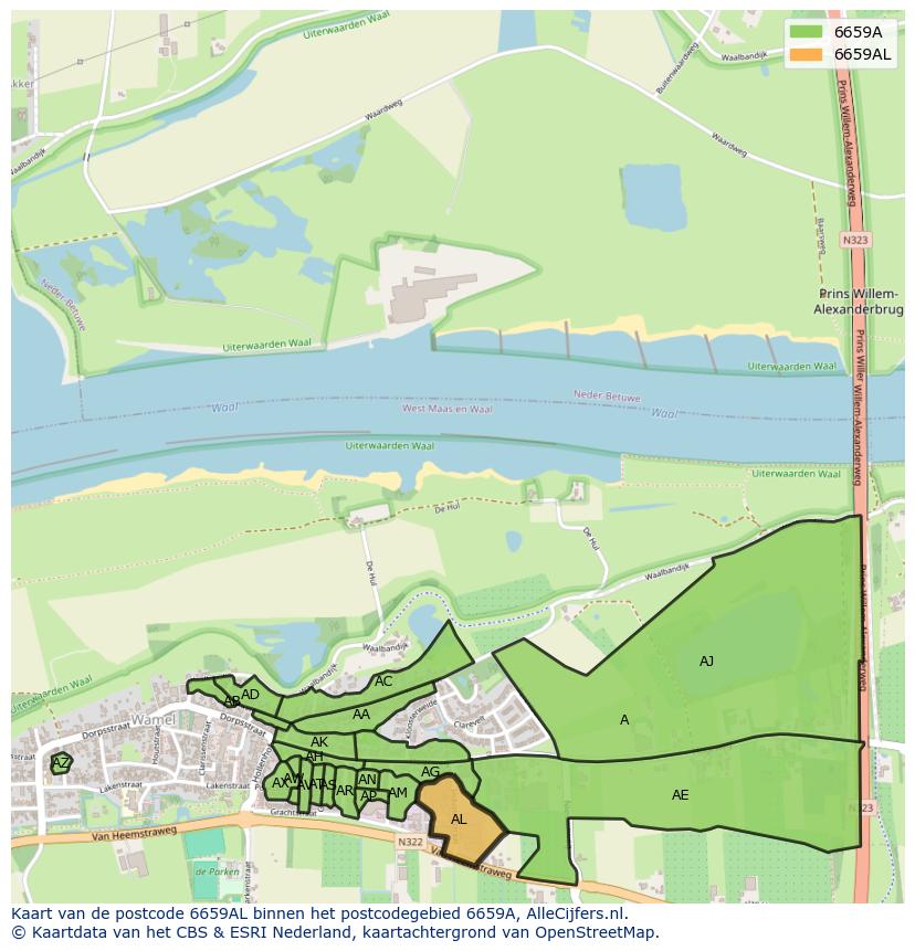 Afbeelding van het postcodegebied 6659 AL op de kaart.