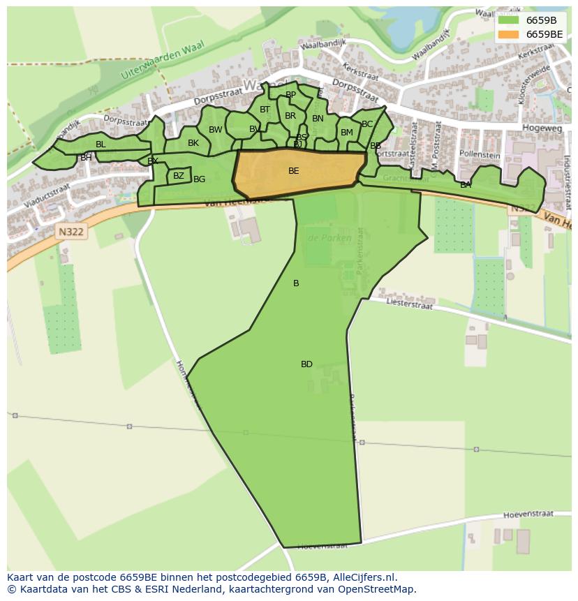Afbeelding van het postcodegebied 6659 BE op de kaart.