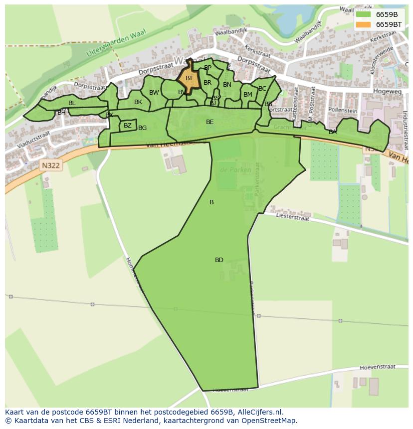 Afbeelding van het postcodegebied 6659 BT op de kaart.