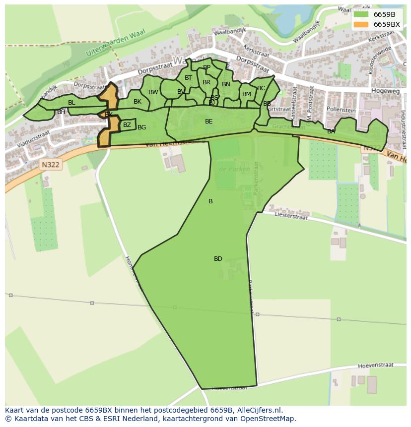 Afbeelding van het postcodegebied 6659 BX op de kaart.
