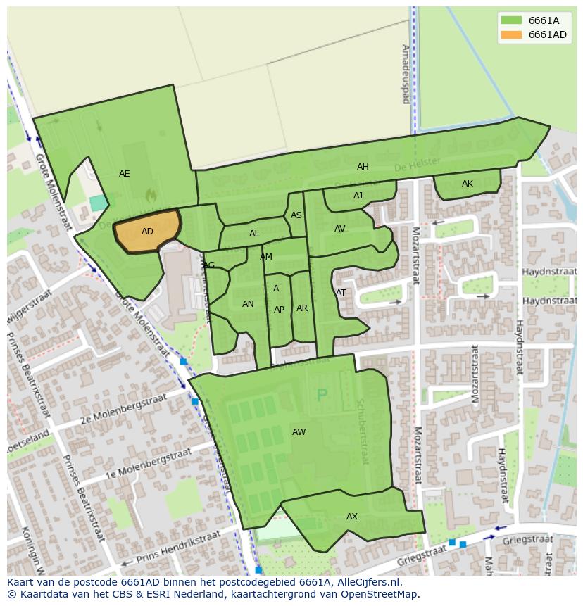 Afbeelding van het postcodegebied 6661 AD op de kaart.