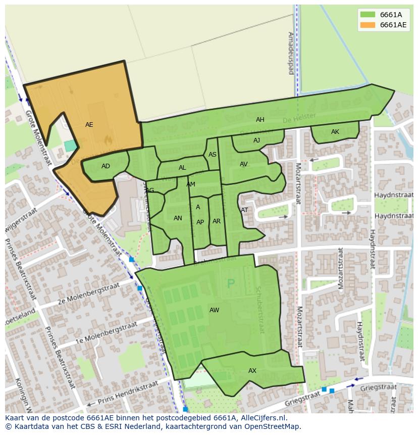 Afbeelding van het postcodegebied 6661 AE op de kaart.