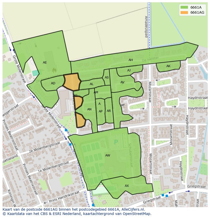Afbeelding van het postcodegebied 6661 AG op de kaart.