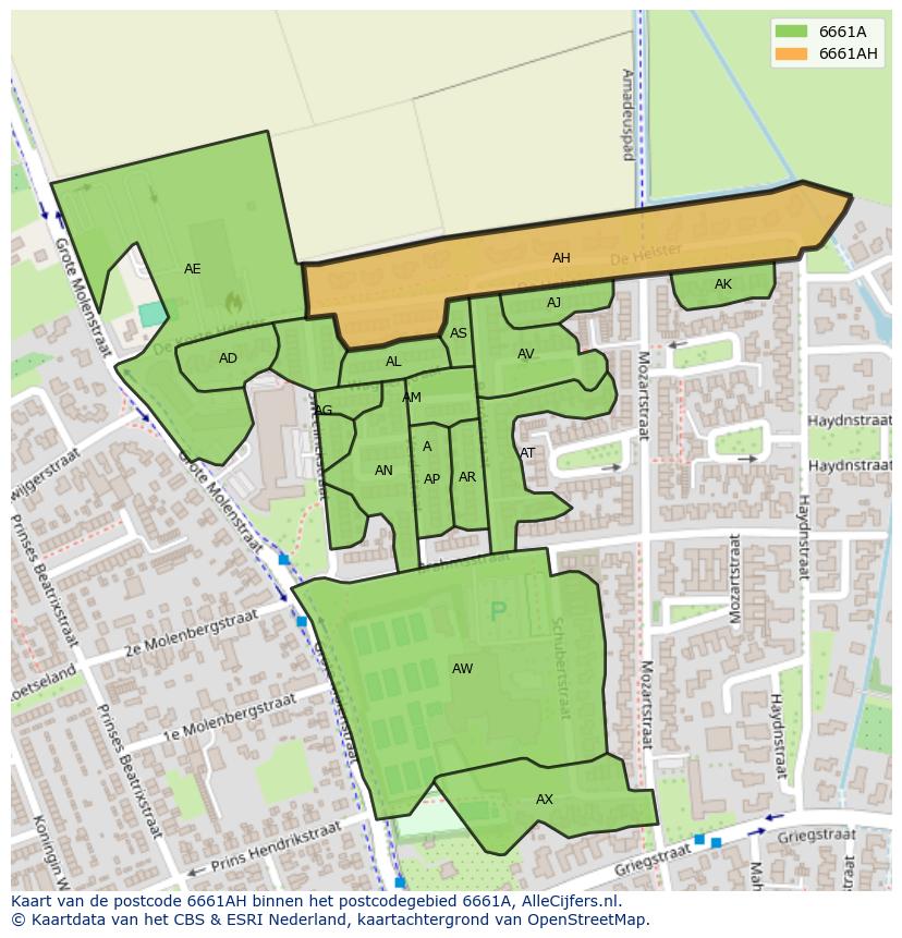 Afbeelding van het postcodegebied 6661 AH op de kaart.