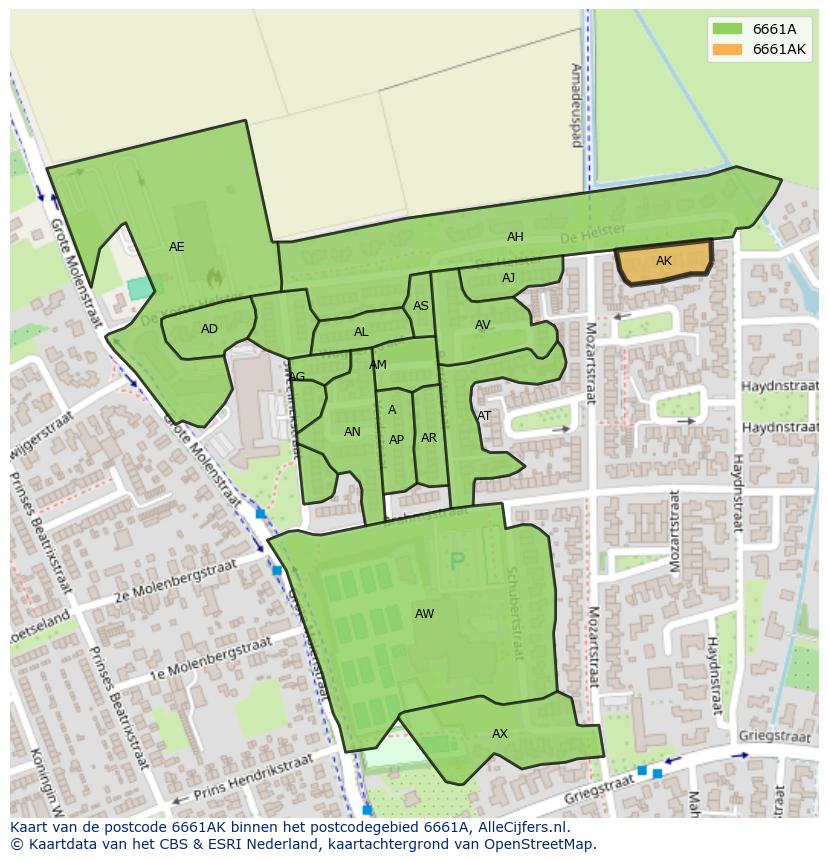 Afbeelding van het postcodegebied 6661 AK op de kaart.