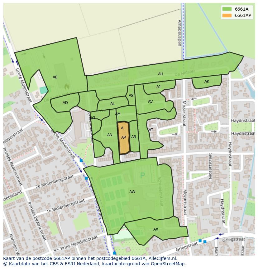 Afbeelding van het postcodegebied 6661 AP op de kaart.