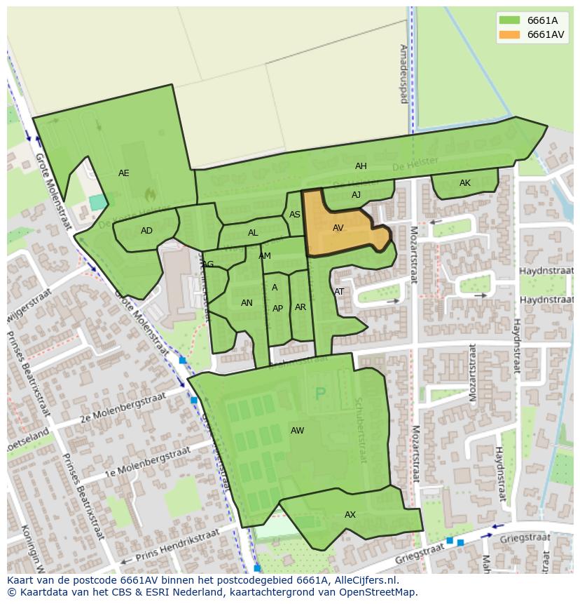 Afbeelding van het postcodegebied 6661 AV op de kaart.