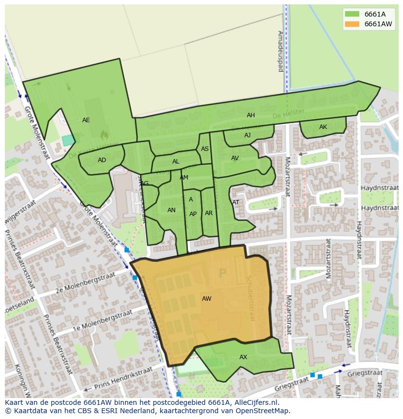 Afbeelding van het postcodegebied 6661 AW op de kaart.