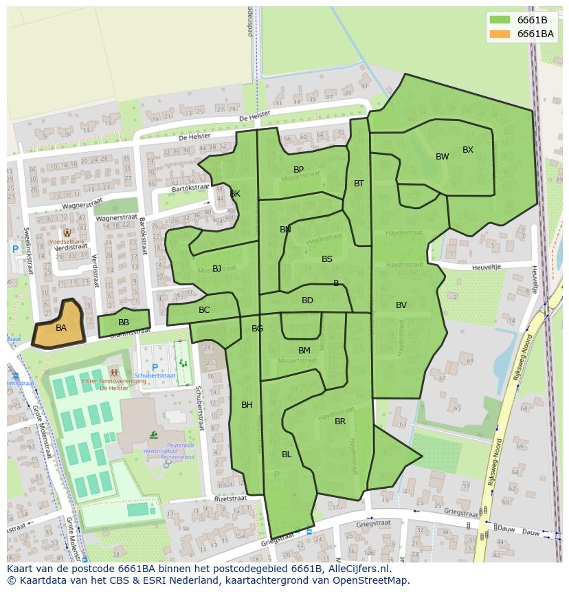Afbeelding van het postcodegebied 6661 BA op de kaart.