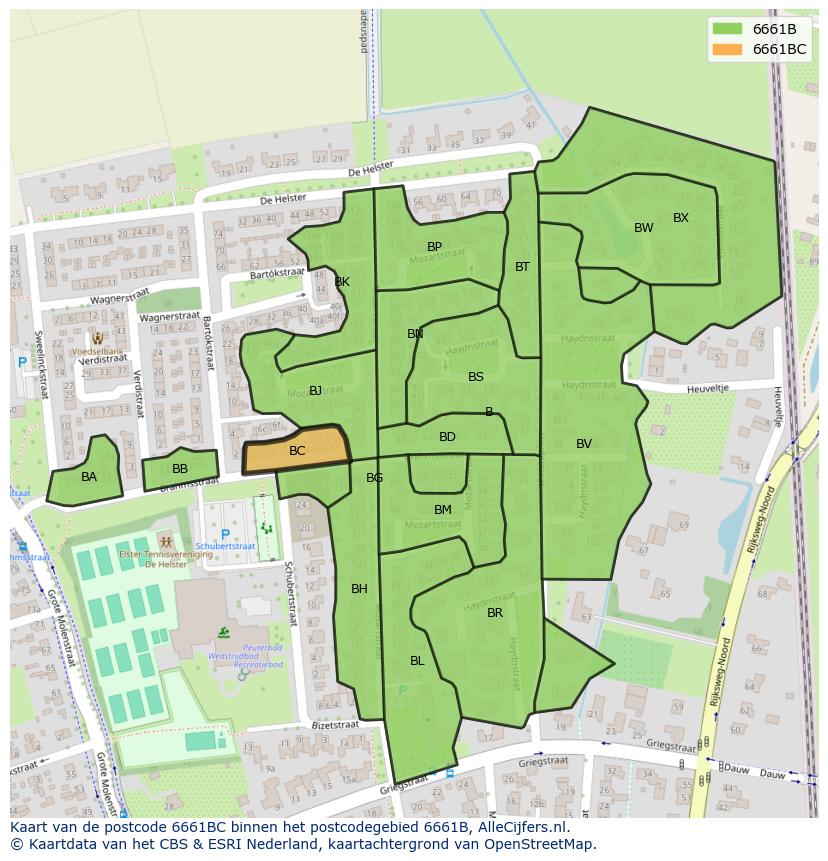 Afbeelding van het postcodegebied 6661 BC op de kaart.