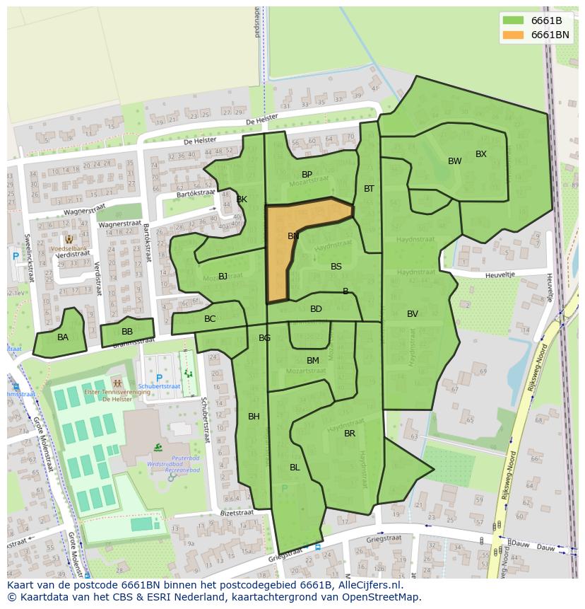Afbeelding van het postcodegebied 6661 BN op de kaart.