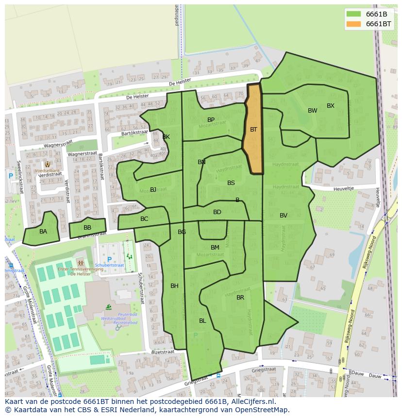 Afbeelding van het postcodegebied 6661 BT op de kaart.