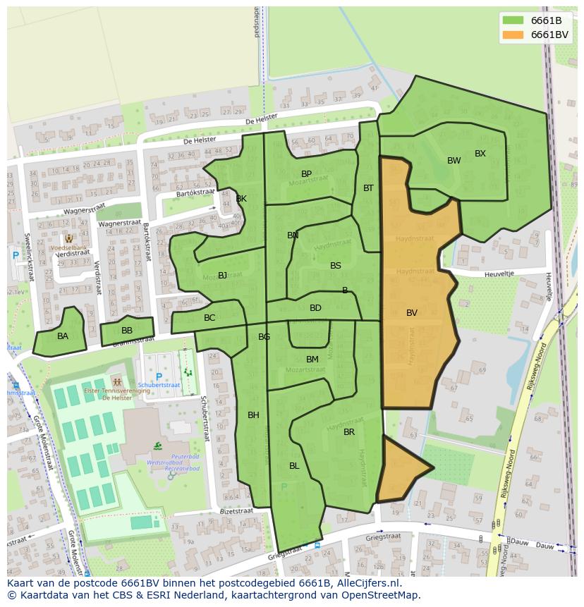Afbeelding van het postcodegebied 6661 BV op de kaart.