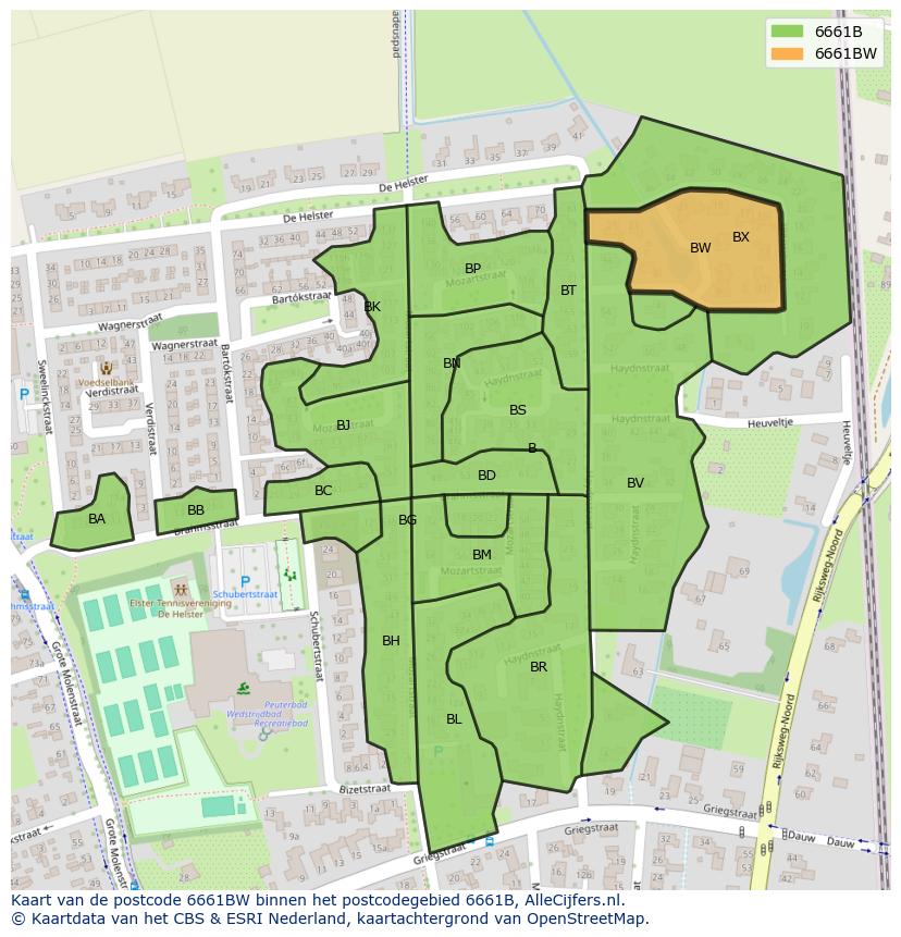 Afbeelding van het postcodegebied 6661 BW op de kaart.