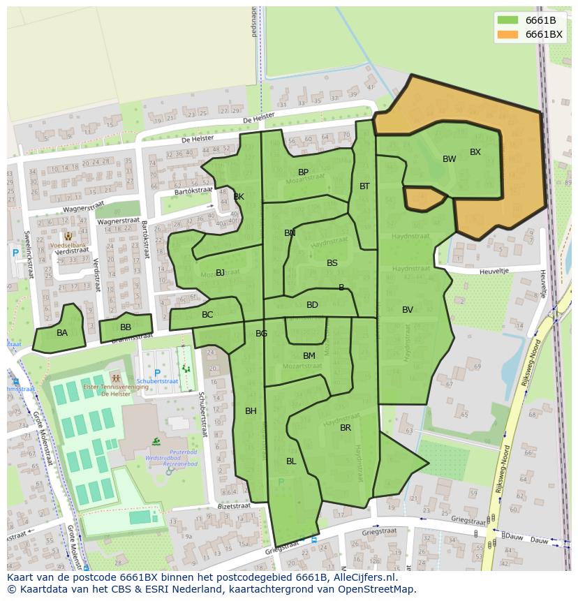 Afbeelding van het postcodegebied 6661 BX op de kaart.