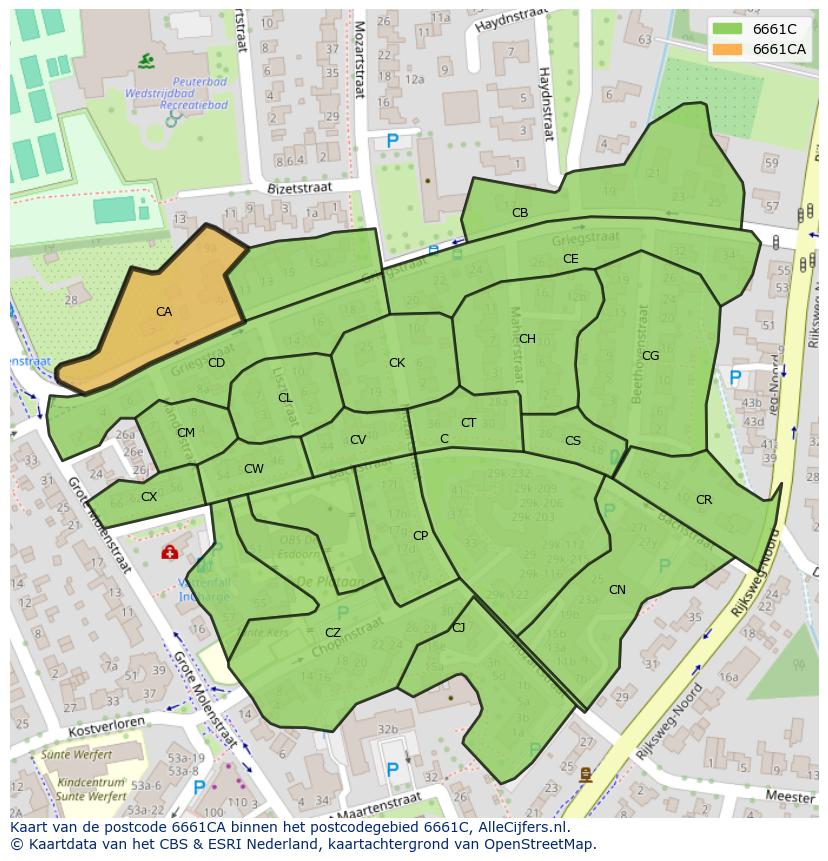 Afbeelding van het postcodegebied 6661 CA op de kaart.