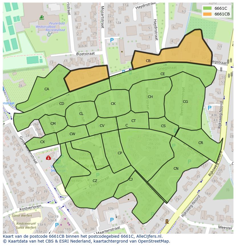 Afbeelding van het postcodegebied 6661 CB op de kaart.