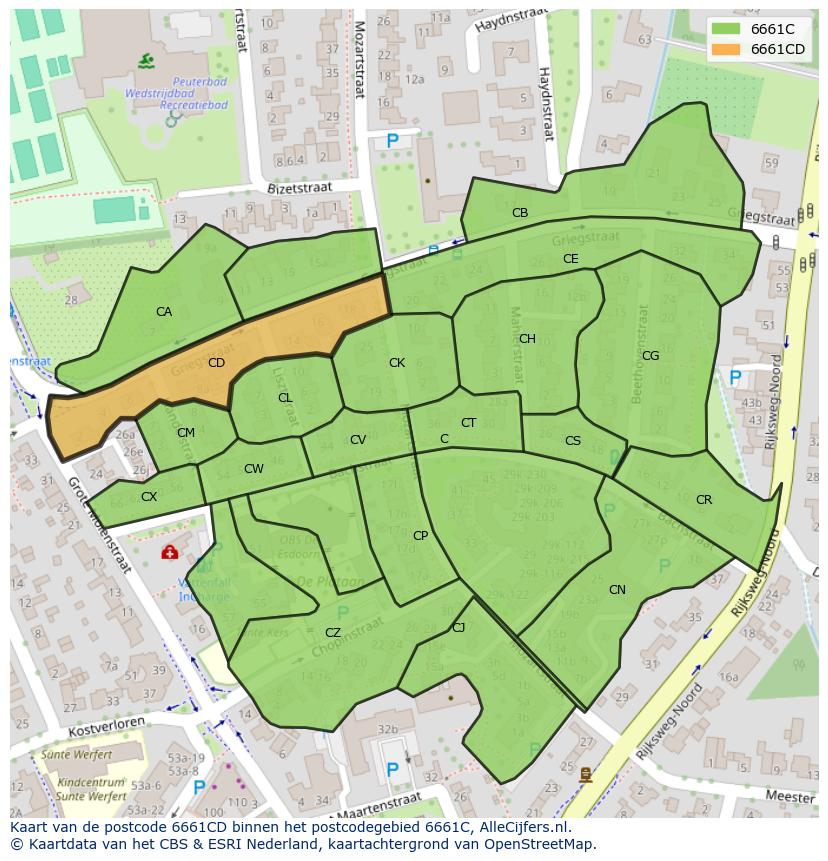 Afbeelding van het postcodegebied 6661 CD op de kaart.