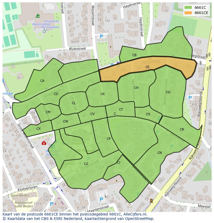 Afbeelding van het postcodegebied 6661 CE op de kaart.