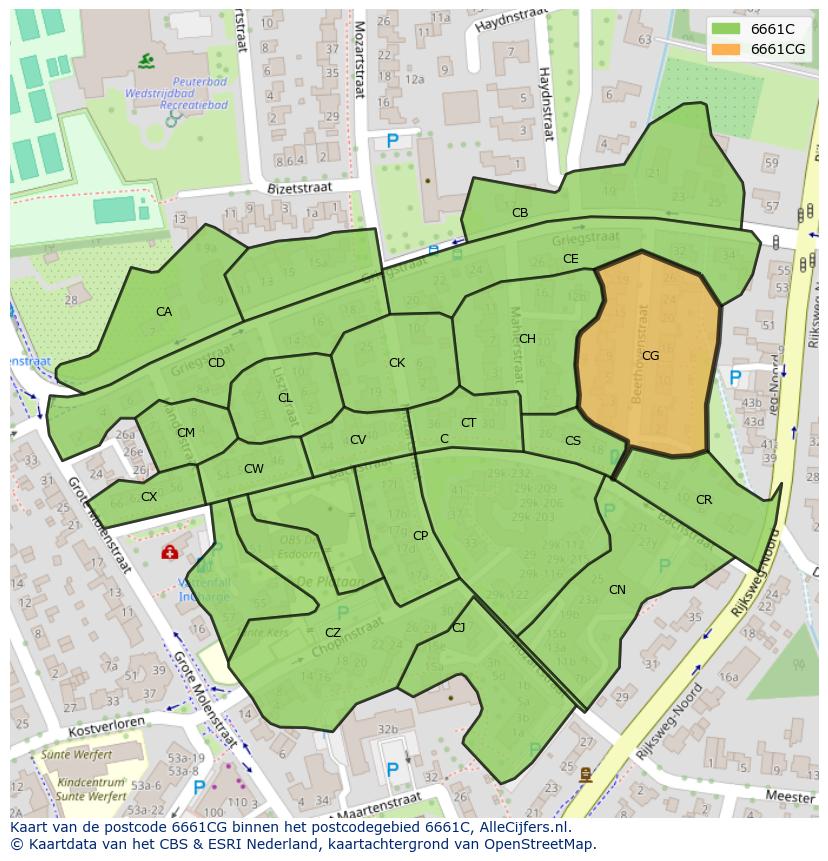 Afbeelding van het postcodegebied 6661 CG op de kaart.