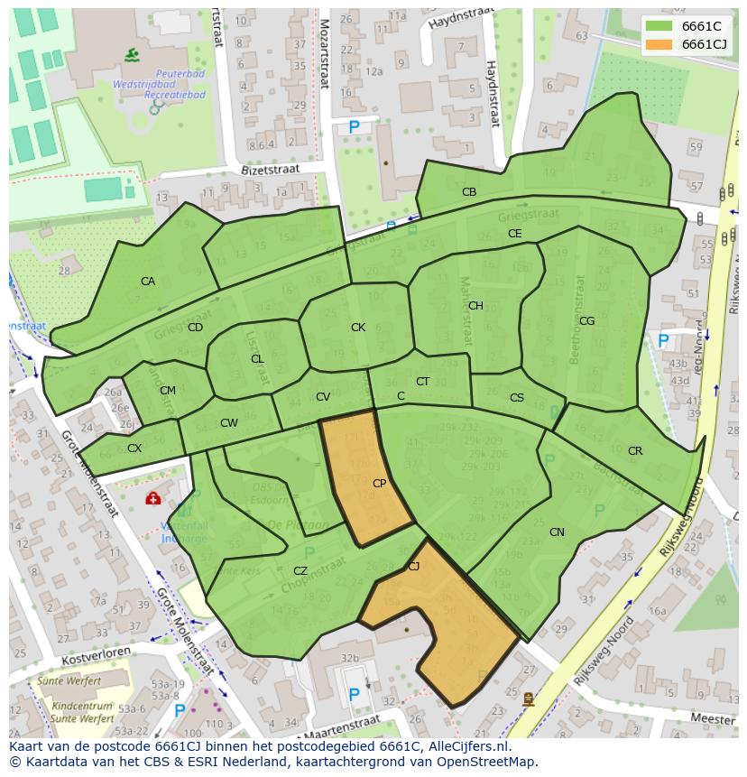 Afbeelding van het postcodegebied 6661 CJ op de kaart.