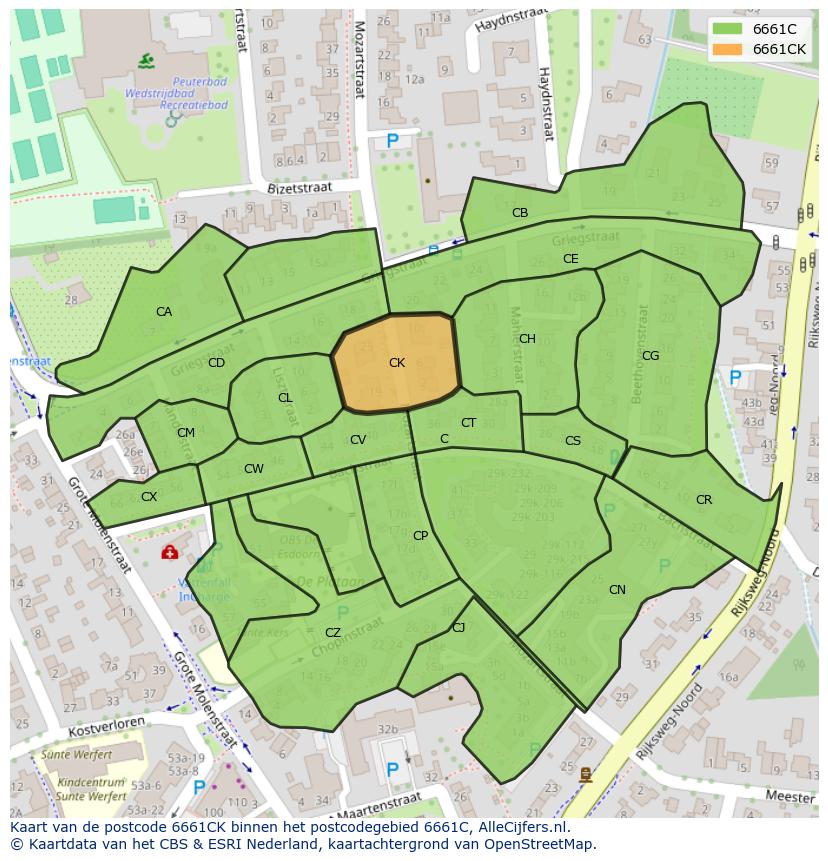 Afbeelding van het postcodegebied 6661 CK op de kaart.